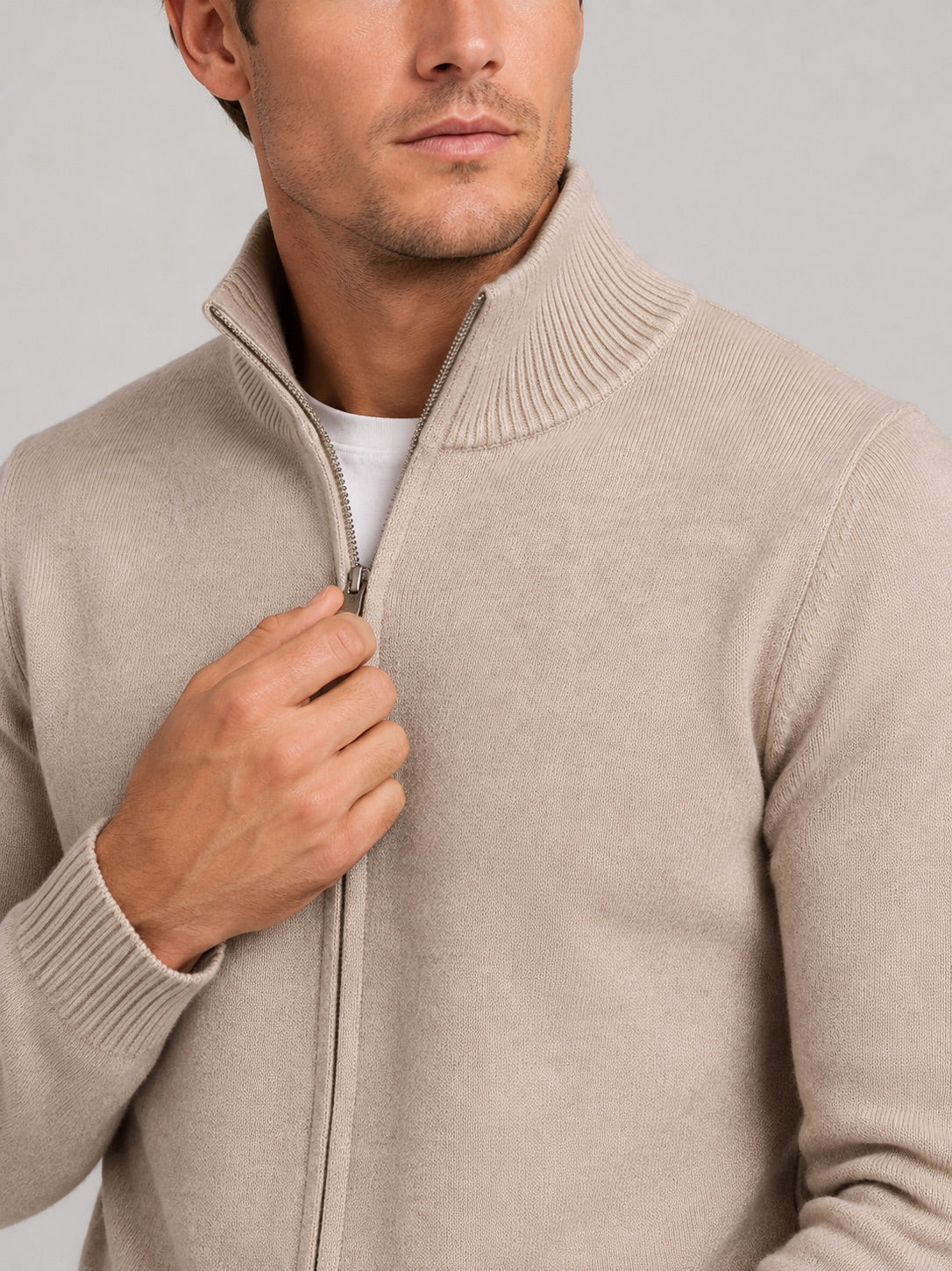 Men’s Full Zip Knit Jumper Stand Collar Slim Fit Warm Autumn Winter Cardigan for Business Casual and Everyday Wear