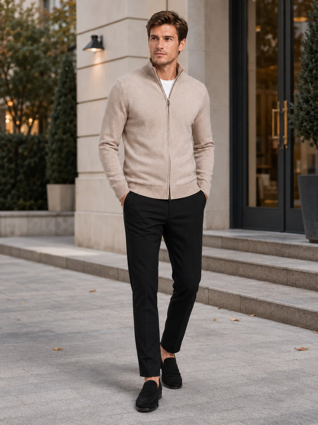 Men’s Full Zip Knit Jumper Stand Collar Slim Fit Warm Autumn Winter Cardigan for Business Casual and Everyday Wear