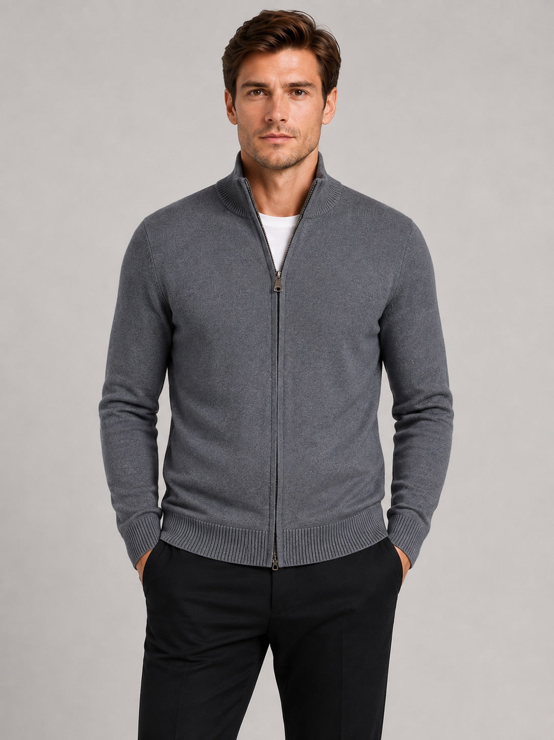 Men’s Full Zip Knit Jumper Stand Collar Slim Fit Warm Autumn Winter Cardigan for Business Casual and Everyday Wear