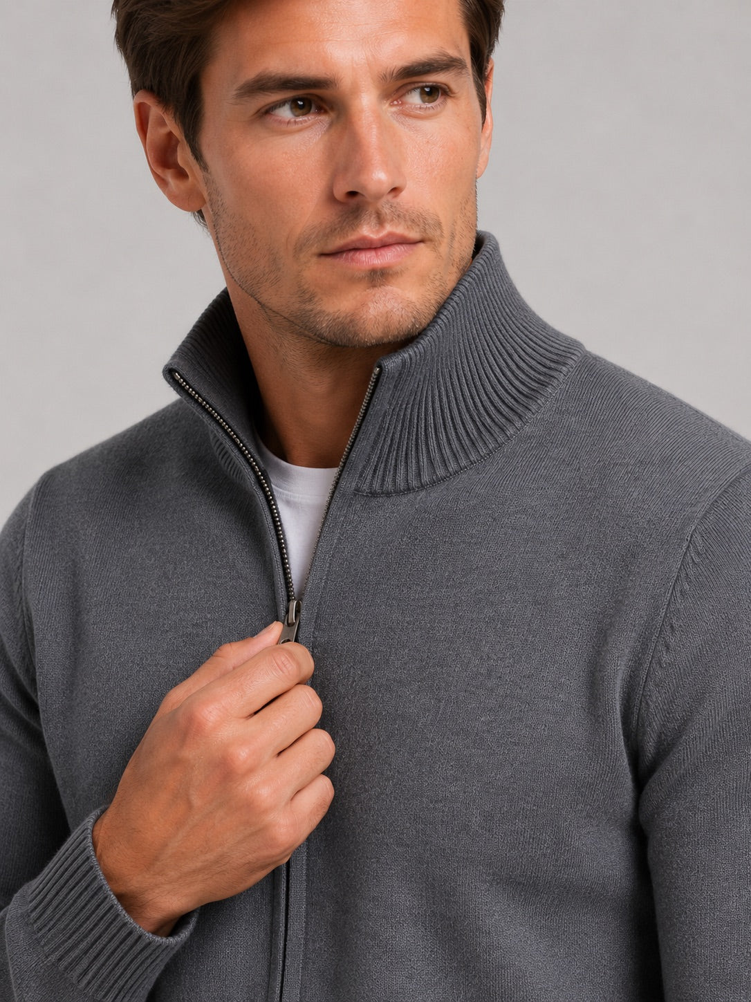 Men’s Full Zip Knit Jumper Stand Collar Slim Fit Warm Autumn Winter Cardigan for Business Casual and Everyday Wear