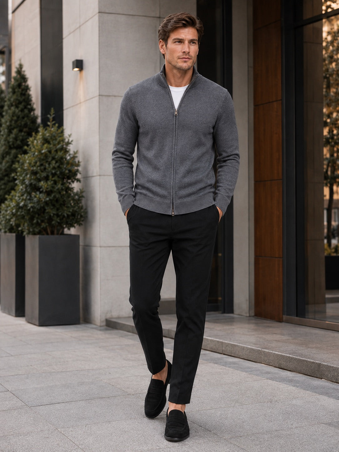 Men’s Full Zip Knit Jumper Stand Collar Slim Fit Warm Autumn Winter Cardigan for Business Casual and Everyday Wear