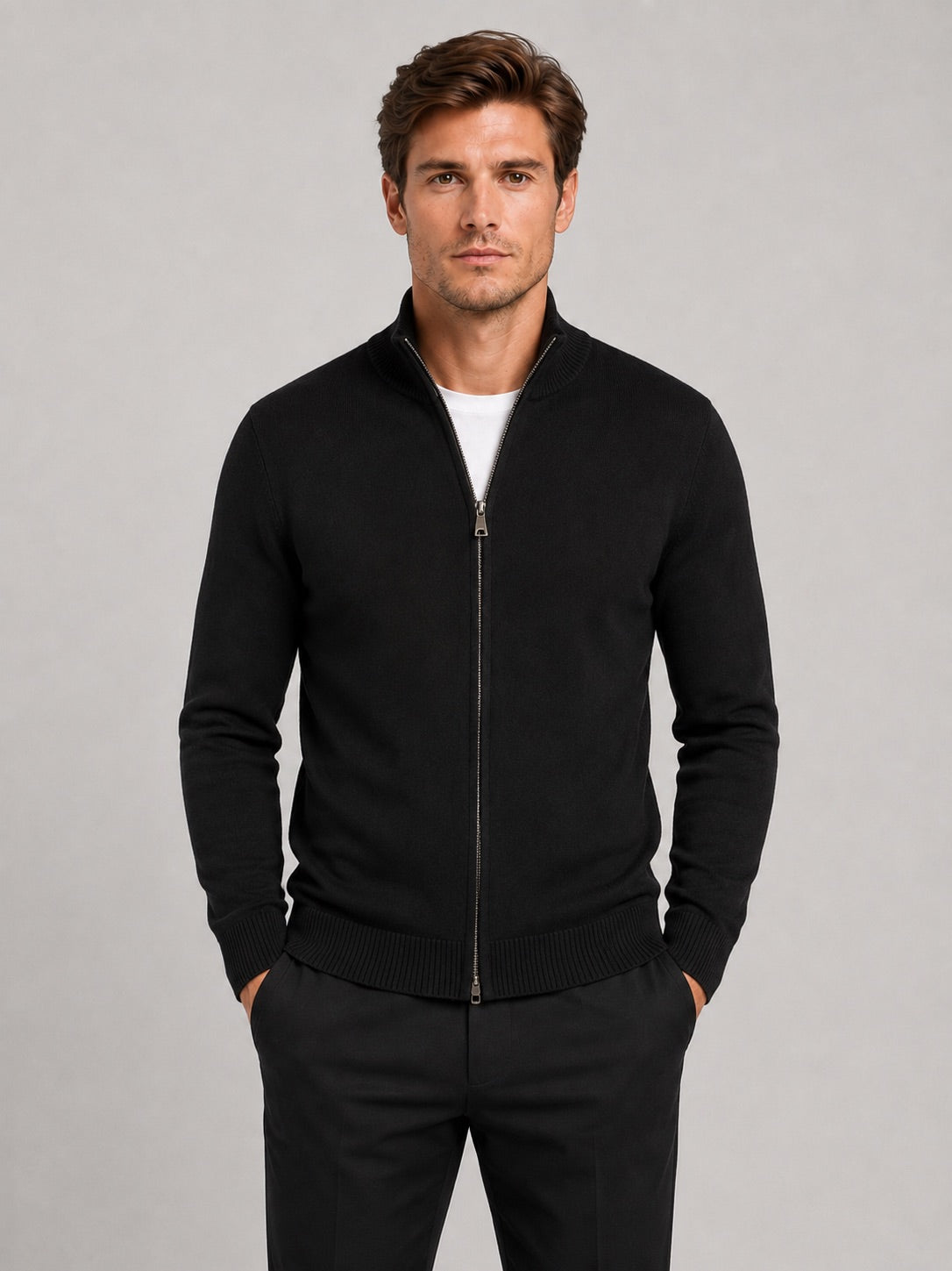 Men’s Full Zip Knit Jumper Stand Collar Slim Fit Warm Autumn Winter Cardigan for Business Casual and Everyday Wear