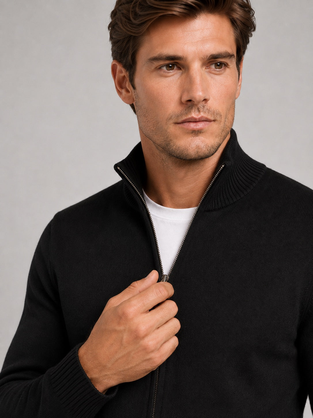Men’s Full Zip Knit Jumper Stand Collar Slim Fit Warm Autumn Winter Cardigan for Business Casual and Everyday Wear