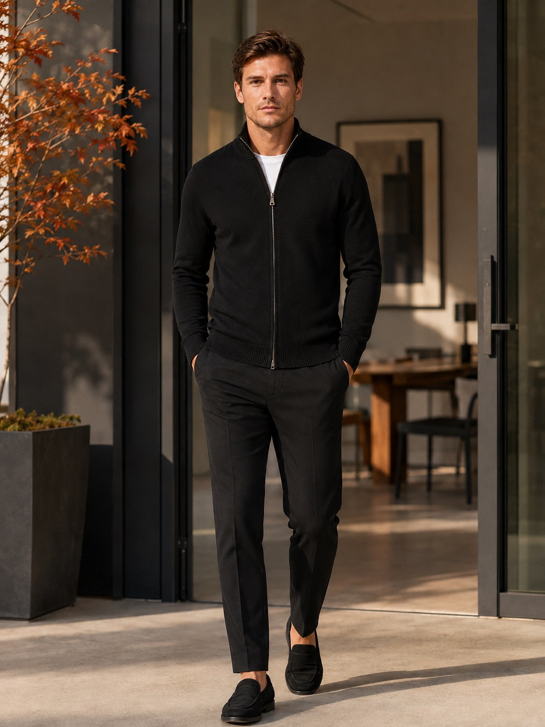 Men’s Full Zip Knit Jumper Stand Collar Slim Fit Warm Autumn Winter Cardigan for Business Casual and Everyday Wear
