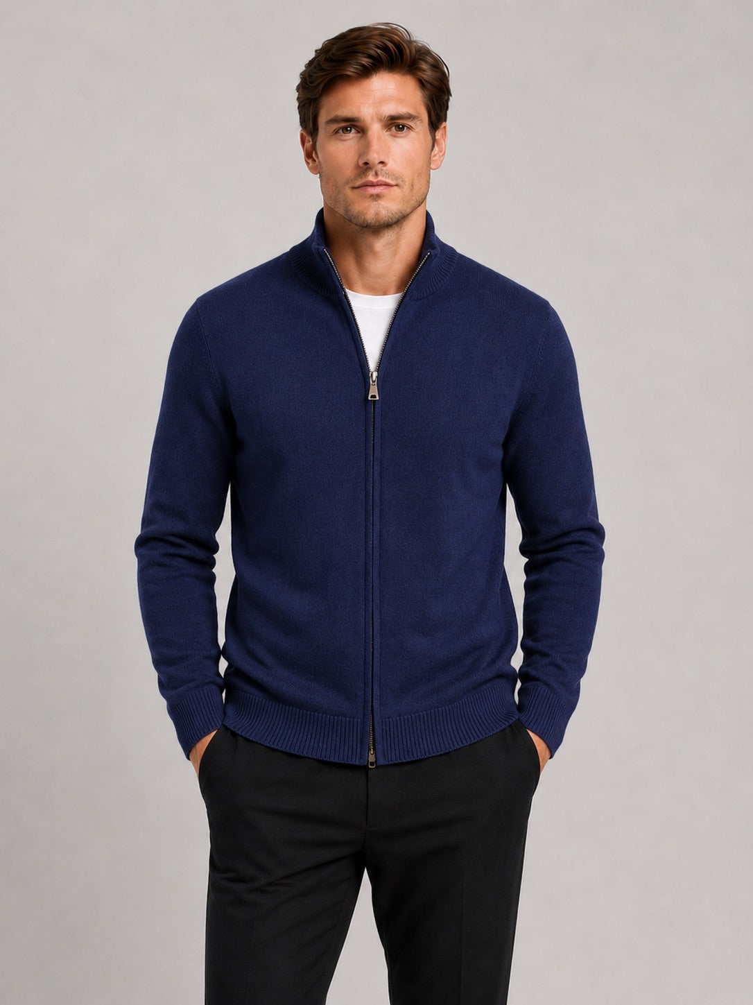 Men’s Full Zip Knit Jumper Stand Collar Slim Fit Warm Autumn Winter Cardigan for Business Casual and Everyday Wear