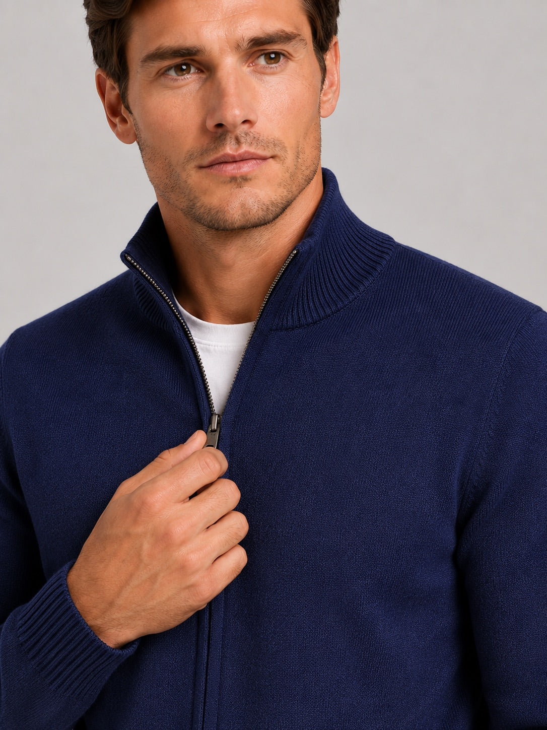 Men’s Full Zip Knit Jumper Stand Collar Slim Fit Warm Autumn Winter Cardigan for Business Casual and Everyday Wear