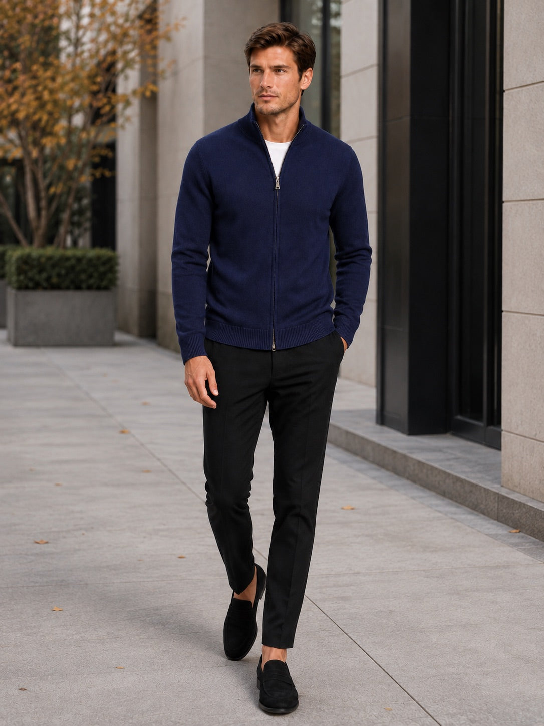Men’s Full Zip Knit Jumper Stand Collar Slim Fit Warm Autumn Winter Cardigan for Business Casual and Everyday Wear