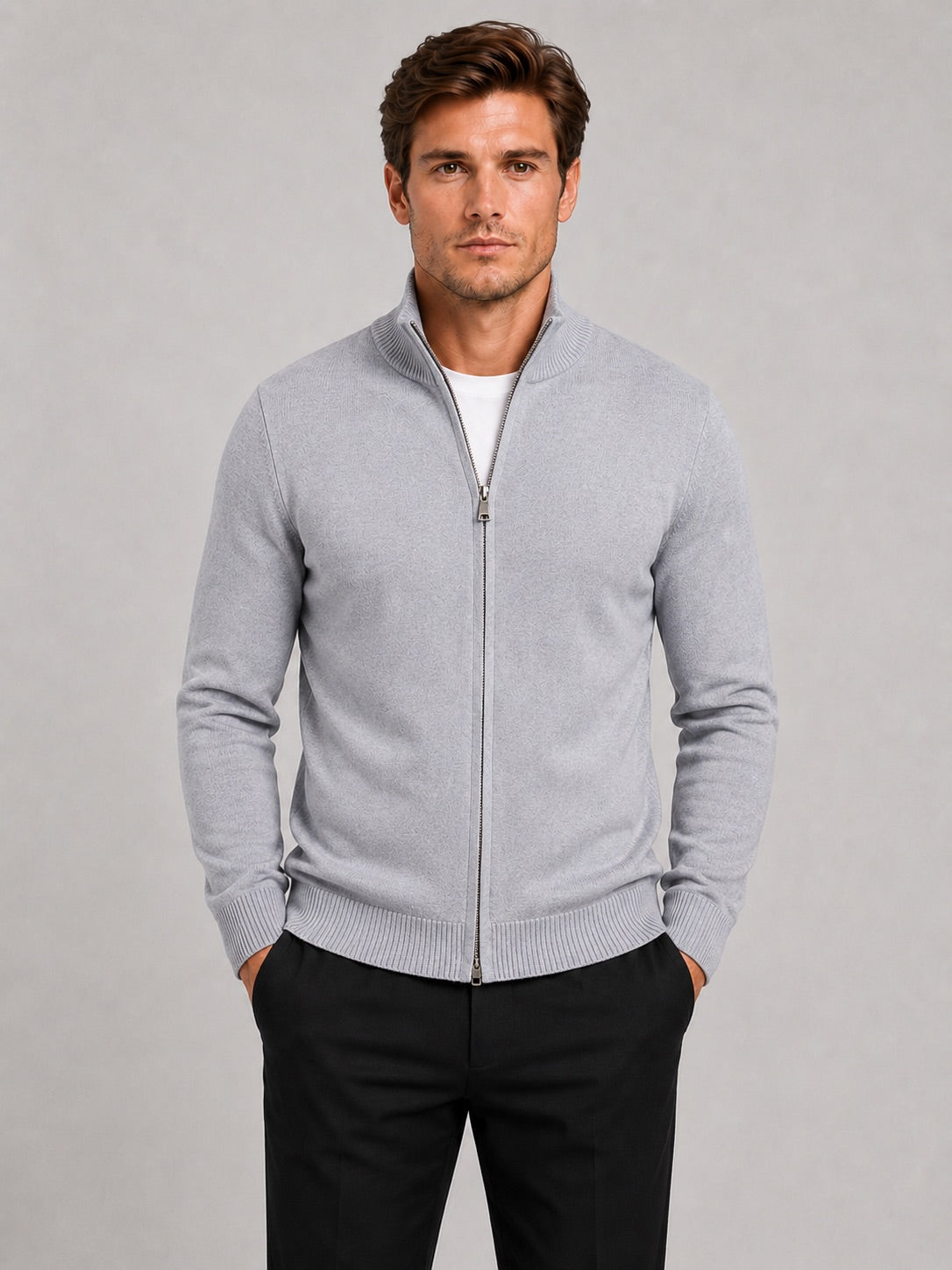 Men’s Full Zip Knit Jumper Stand Collar Slim Fit Warm Autumn Winter Cardigan for Business Casual and Everyday Wear