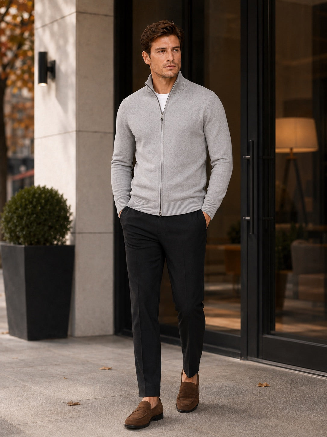 Men’s Full Zip Knit Jumper Stand Collar Slim Fit Warm Autumn Winter Cardigan for Business Casual and Everyday Wear