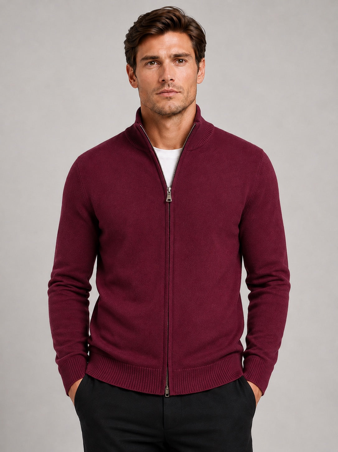 Men’s Full Zip Knit Jumper Stand Collar Slim Fit Warm Autumn Winter Cardigan for Business Casual and Everyday Wear