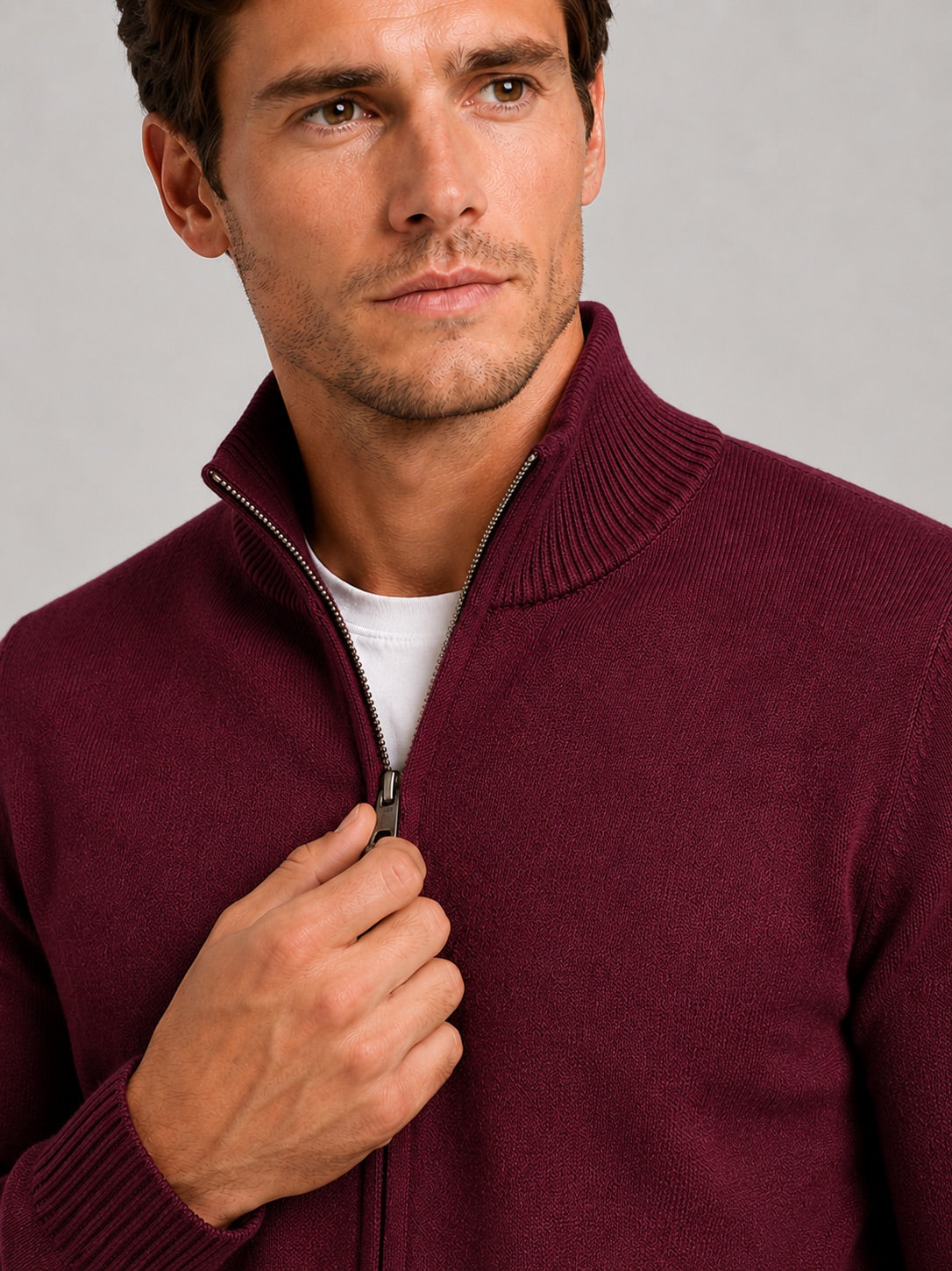 Men’s Full Zip Knit Jumper Stand Collar Slim Fit Warm Autumn Winter Cardigan for Business Casual and Everyday Wear