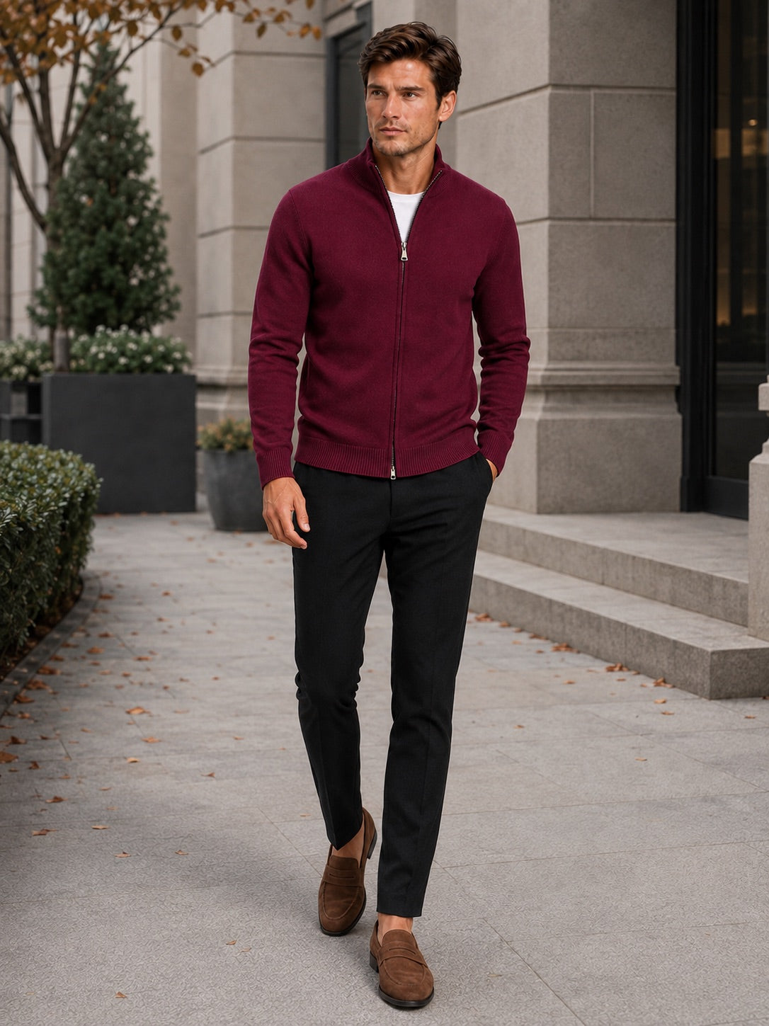 Men’s Full Zip Knit Jumper Stand Collar Slim Fit Warm Autumn Winter Cardigan for Business Casual and Everyday Wear