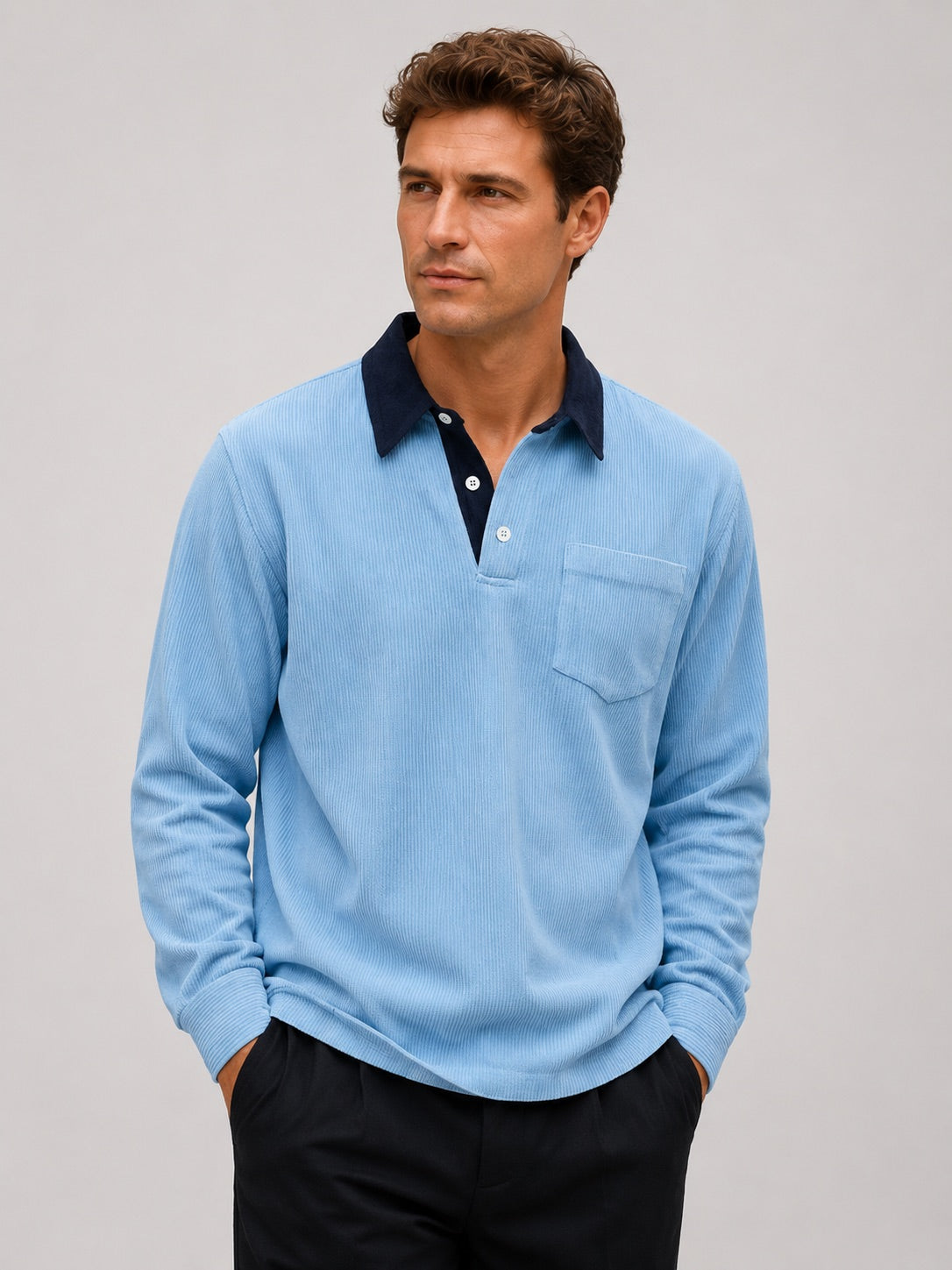 Men’s Corduroy Long Sleeve Polo Contrast Turn-Down Collar Autumn Top for Casual and Everyday Wear