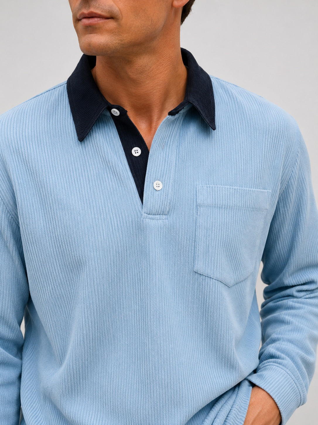 Men’s Corduroy Long Sleeve Polo Contrast Turn-Down Collar Autumn Top for Casual and Everyday Wear
