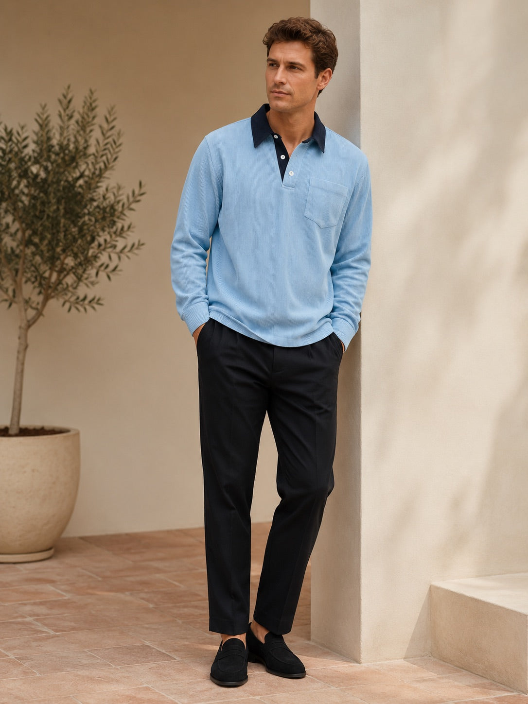Men’s Corduroy Long Sleeve Polo Contrast Turn-Down Collar Autumn Top for Casual and Everyday Wear