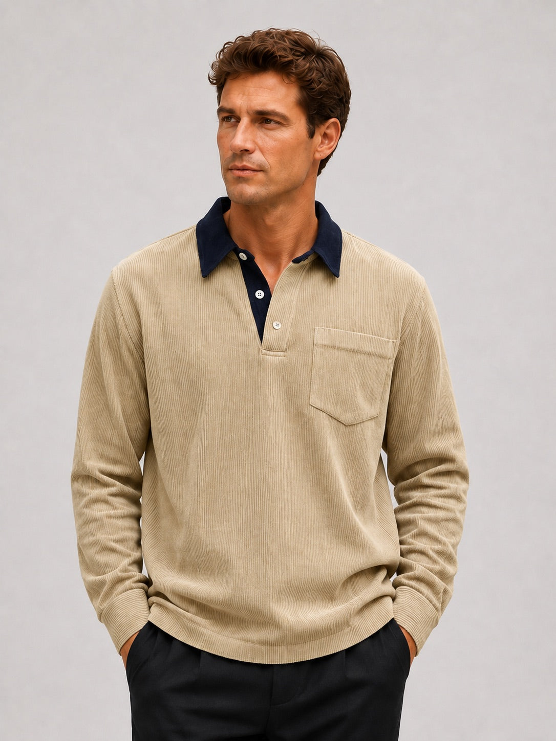 Men’s Corduroy Long Sleeve Polo Contrast Turn-Down Collar Autumn Top for Casual and Everyday Wear