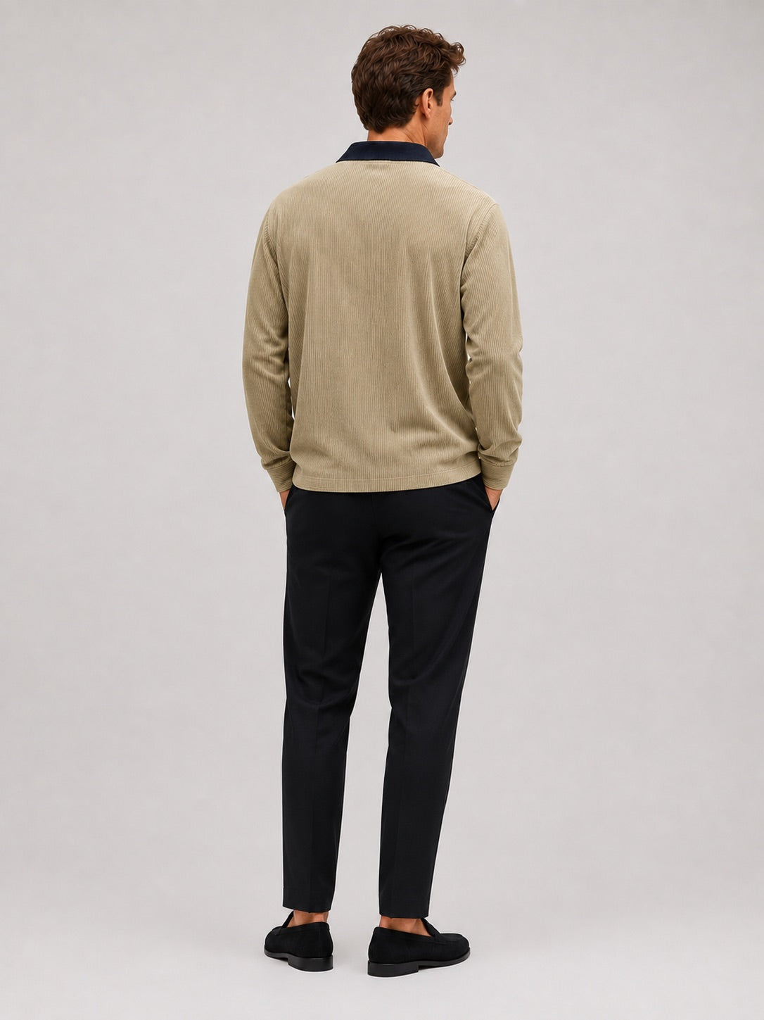 Men’s Corduroy Long Sleeve Polo Contrast Turn-Down Collar Autumn Top for Casual and Everyday Wear
