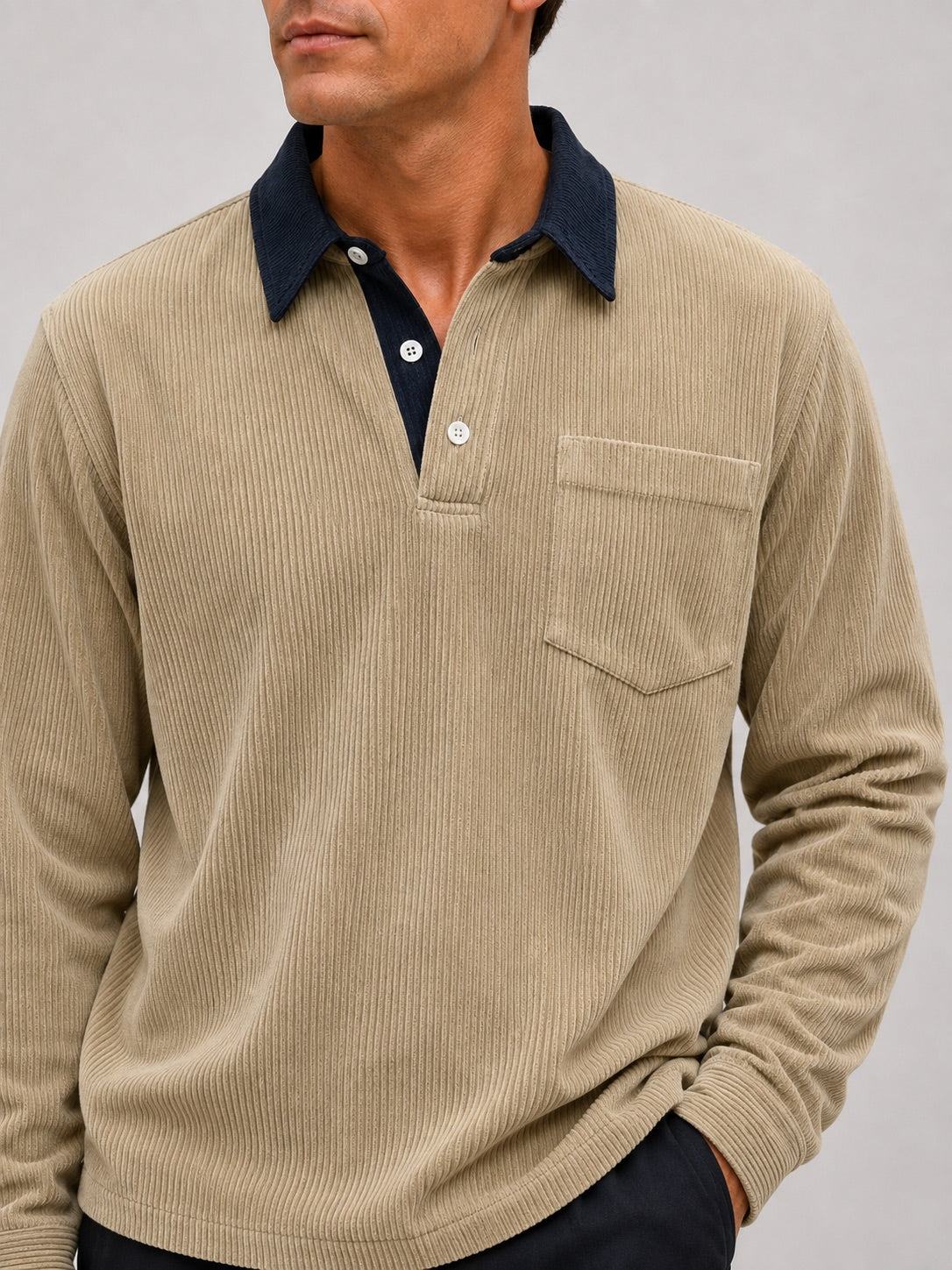 Men’s Corduroy Long Sleeve Polo Contrast Turn-Down Collar Autumn Top for Casual and Everyday Wear