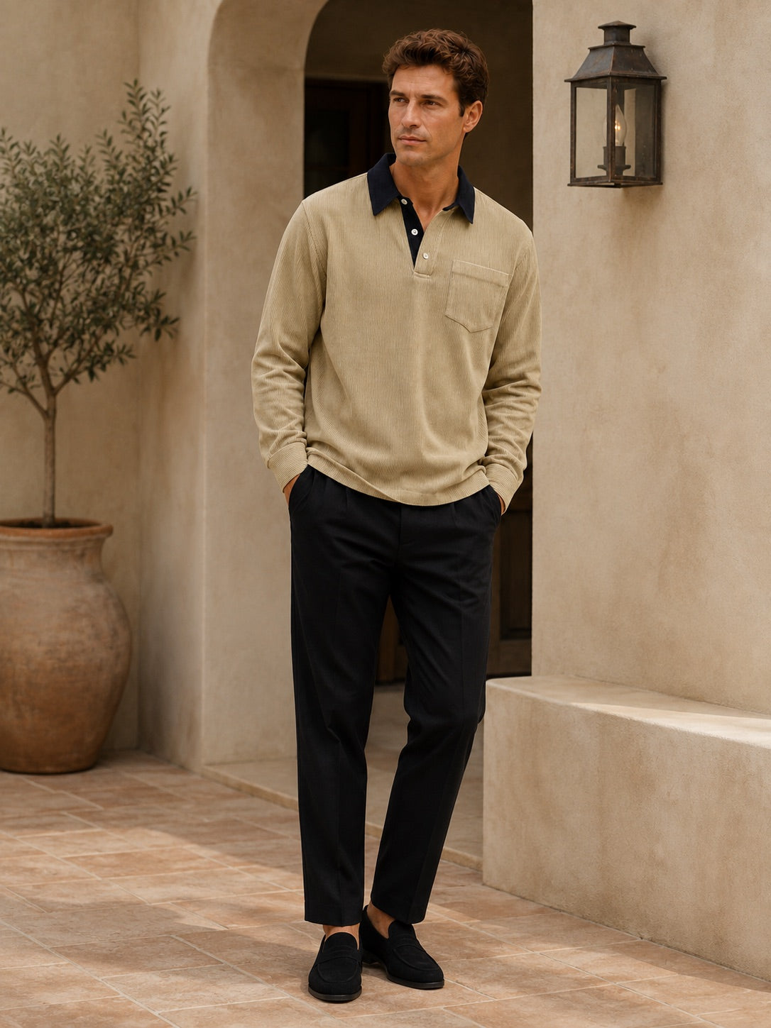 Men’s Corduroy Long Sleeve Polo Contrast Turn-Down Collar Autumn Top for Casual and Everyday Wear