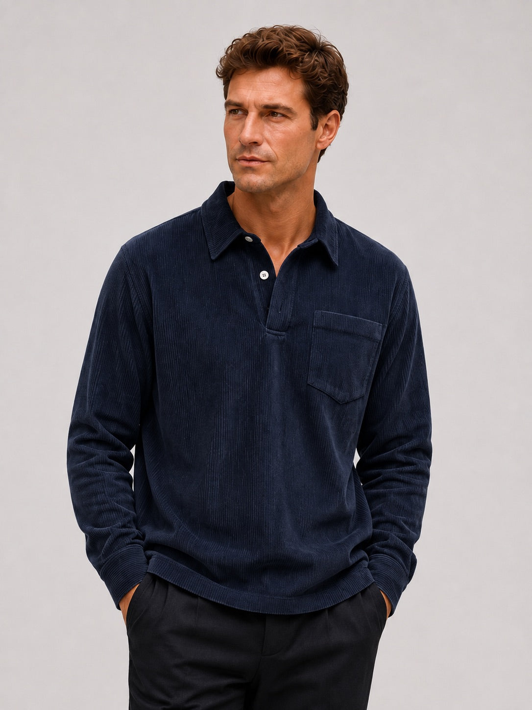 Men’s Corduroy Long Sleeve Polo Contrast Turn-Down Collar Autumn Top for Casual and Everyday Wear