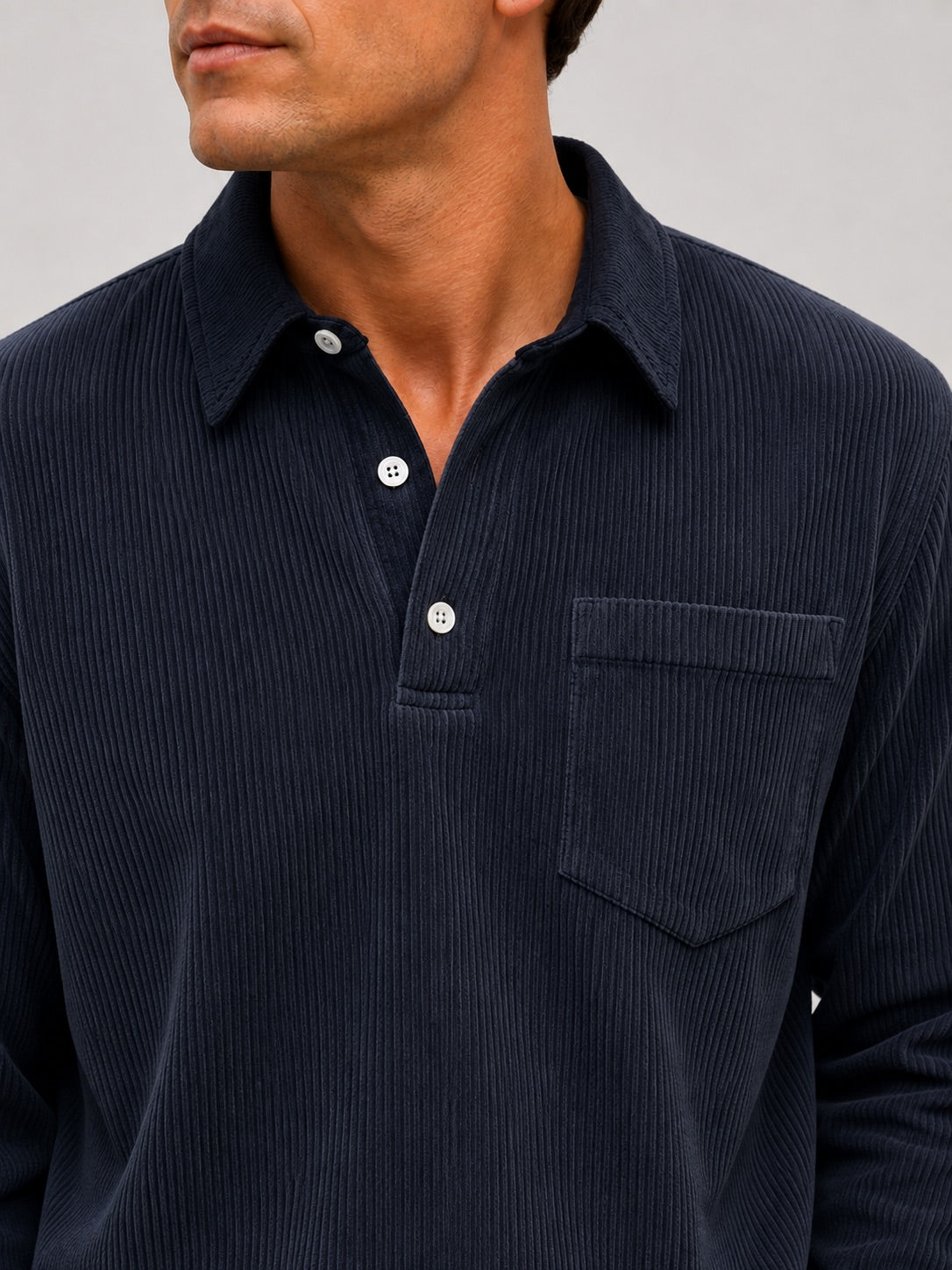 Men’s Corduroy Long Sleeve Polo Contrast Turn-Down Collar Autumn Top for Casual and Everyday Wear