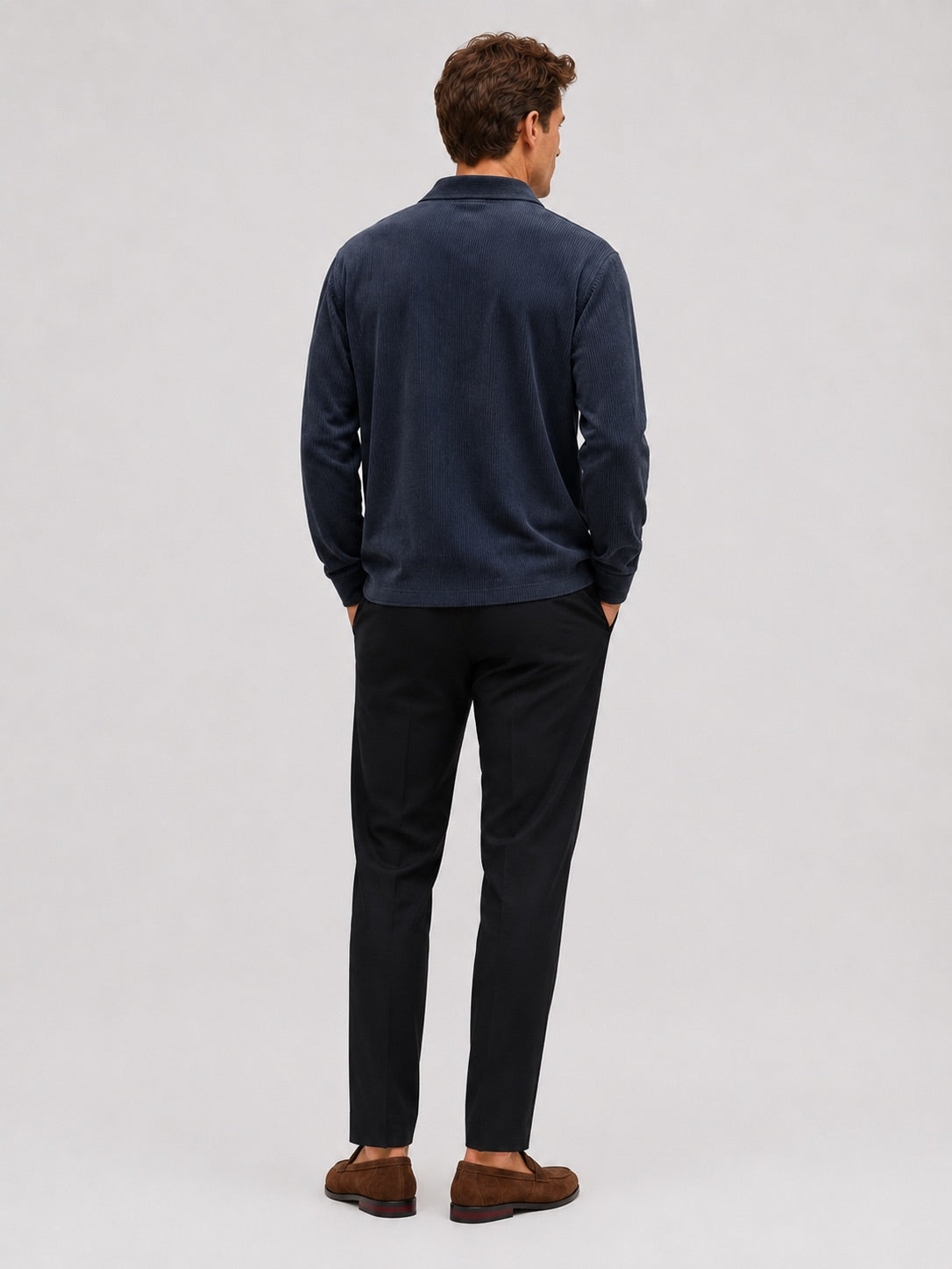 Men’s Corduroy Long Sleeve Polo Contrast Turn-Down Collar Autumn Top for Casual and Everyday Wear
