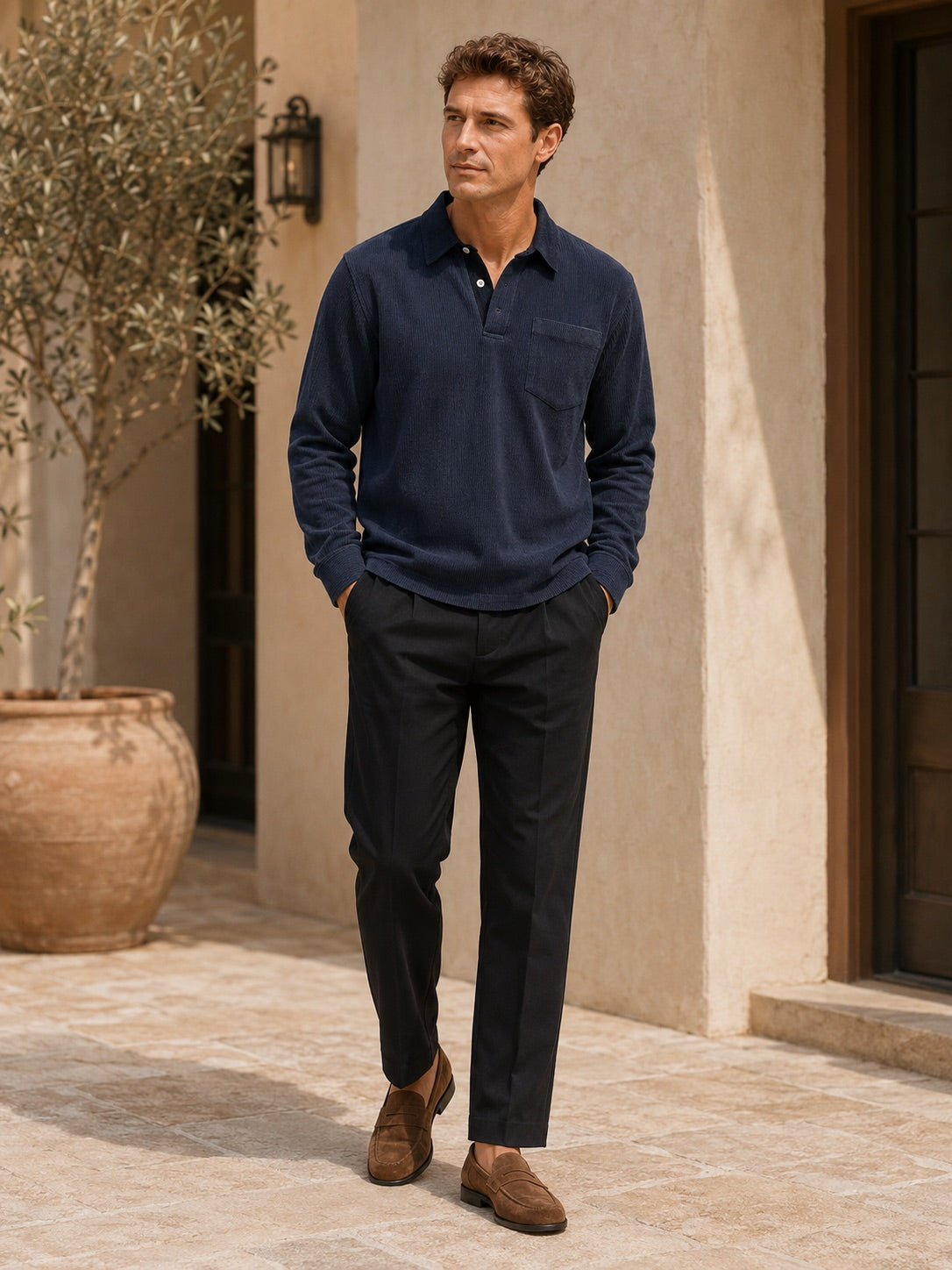 Men’s Corduroy Long Sleeve Polo Contrast Turn-Down Collar Autumn Top for Casual and Everyday Wear