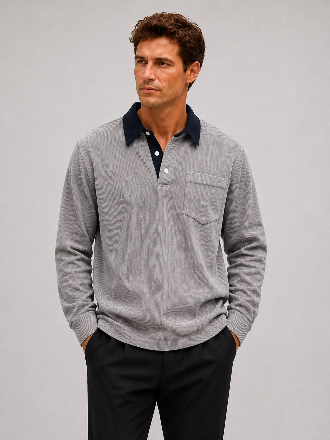 Men’s Corduroy Long Sleeve Polo Contrast Turn-Down Collar Autumn Top for Casual and Everyday Wear