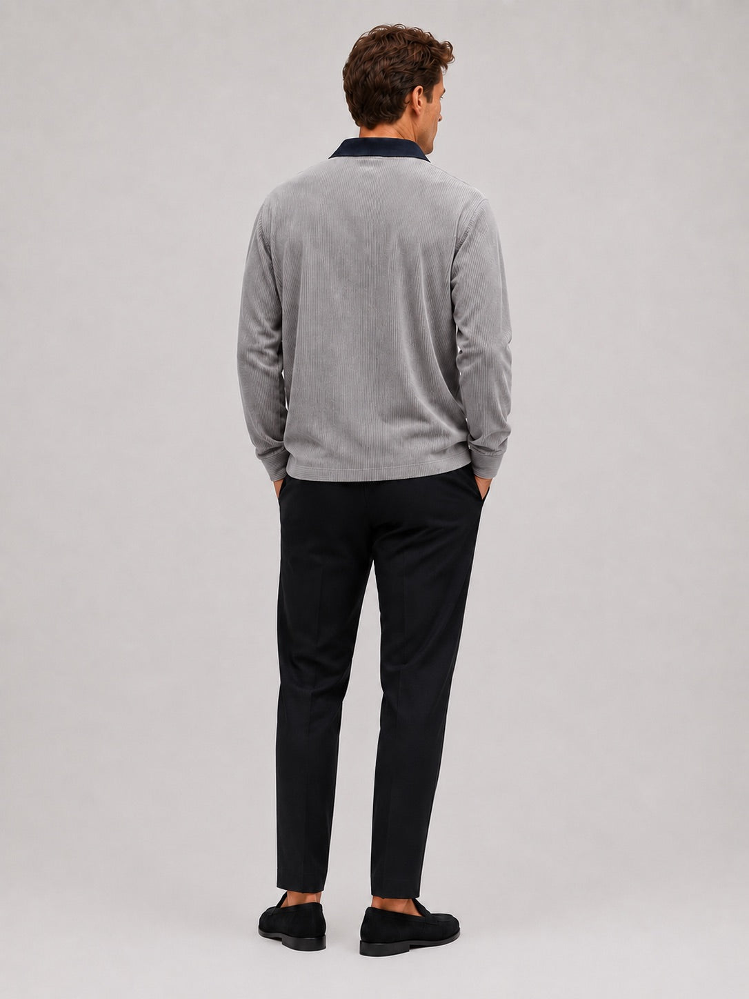 Men’s Corduroy Long Sleeve Polo Contrast Turn-Down Collar Autumn Top for Casual and Everyday Wear