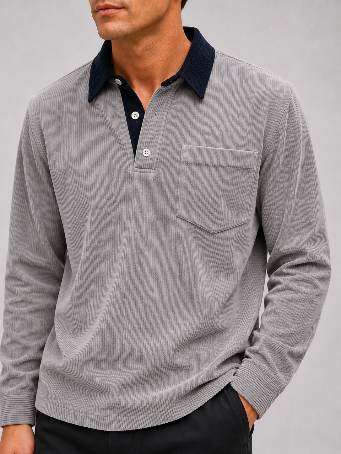 Men’s Corduroy Long Sleeve Polo Contrast Turn-Down Collar Autumn Top for Casual and Everyday Wear