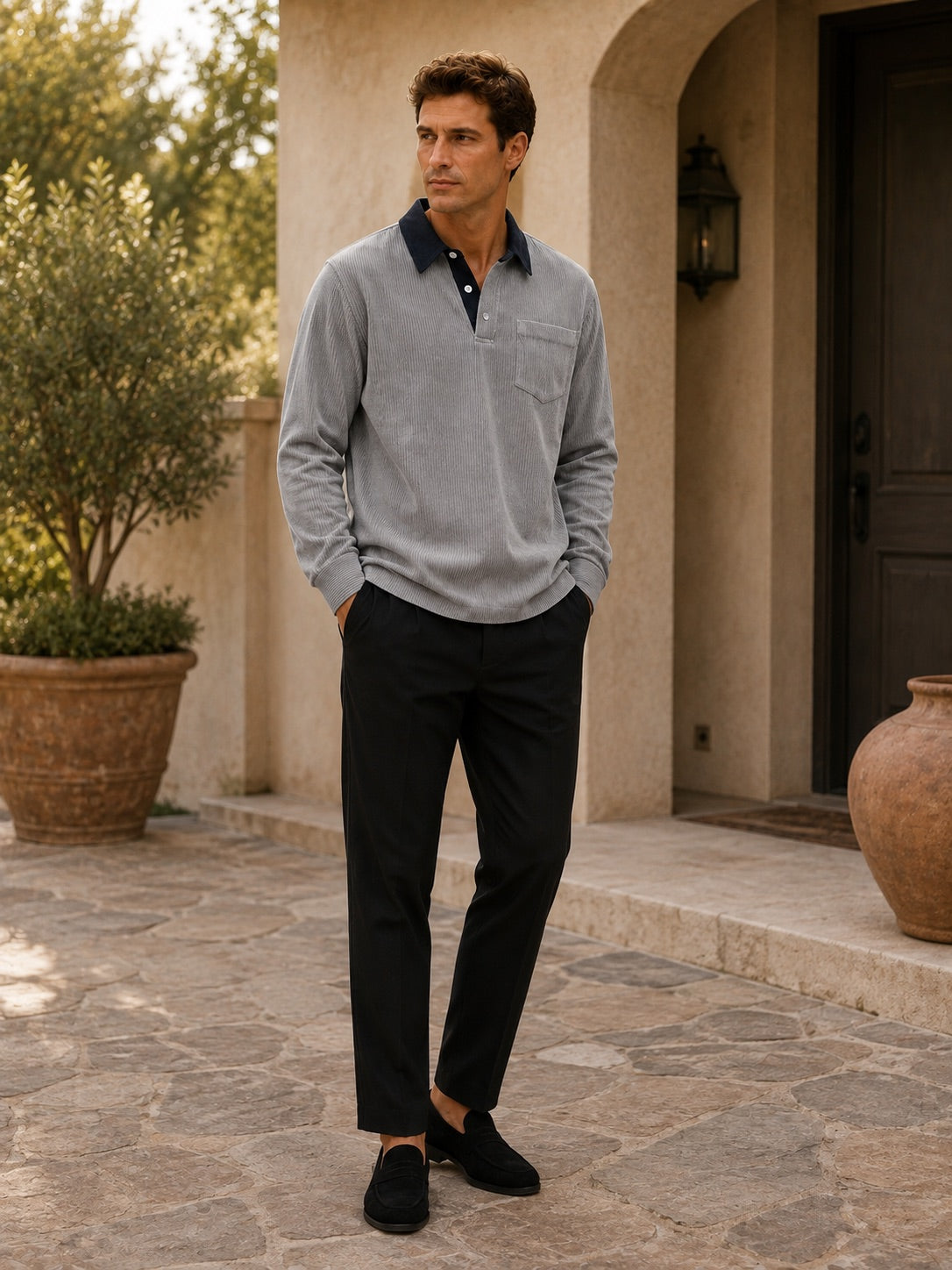 Men’s Corduroy Long Sleeve Polo Contrast Turn-Down Collar Autumn Top for Casual and Everyday Wear