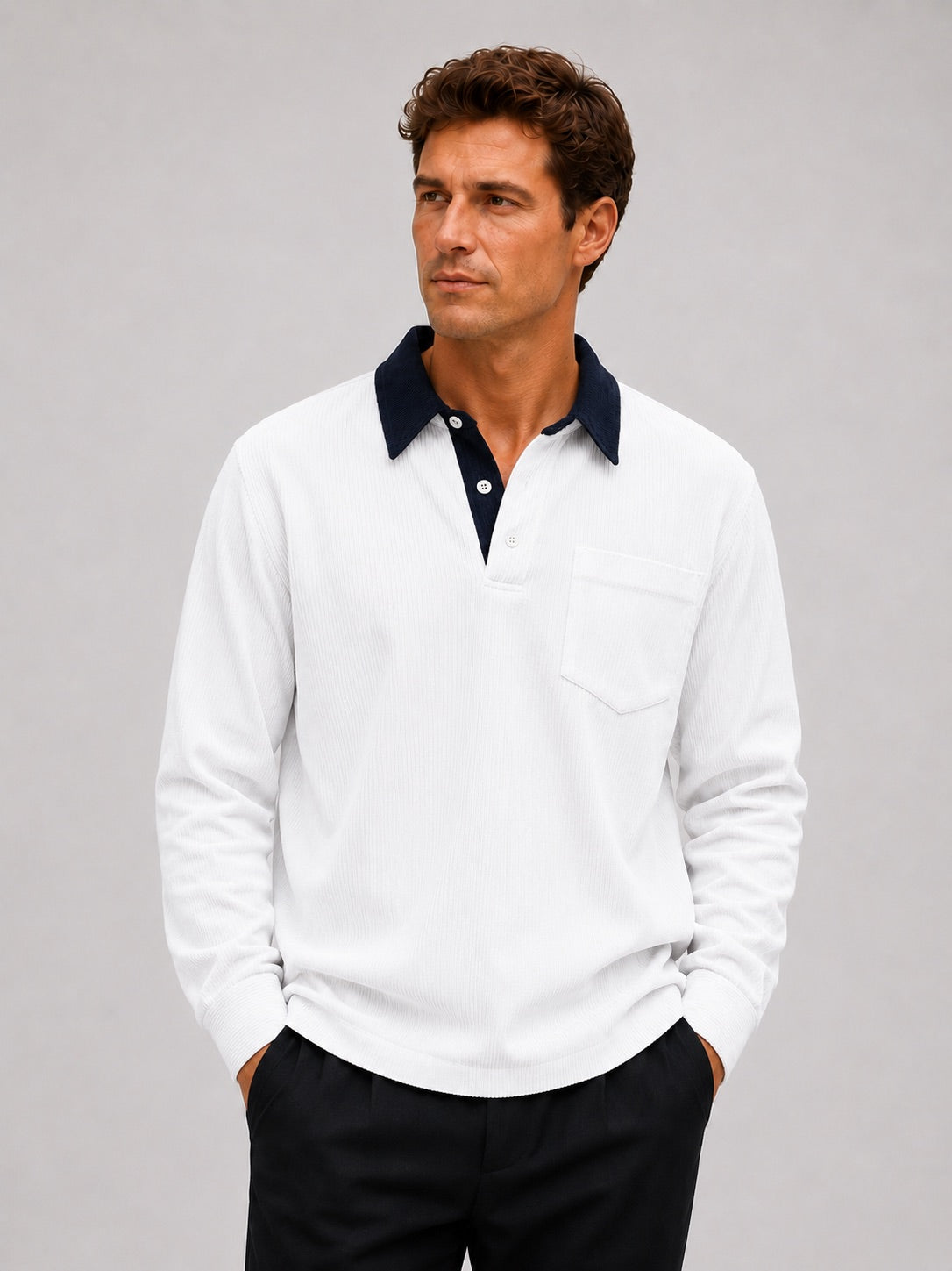 Men’s Corduroy Long Sleeve Polo Contrast Turn-Down Collar Autumn Top for Casual and Everyday Wear