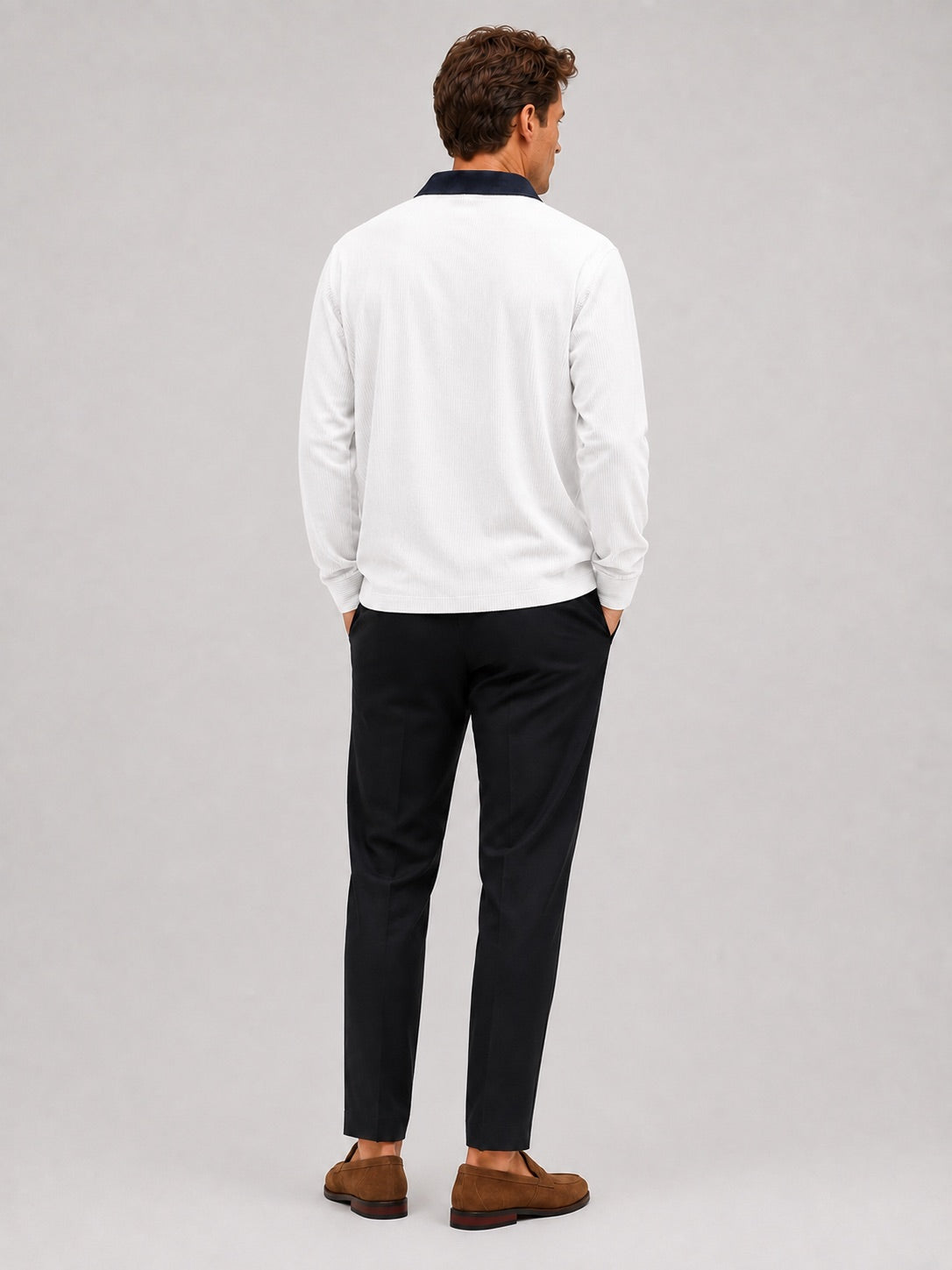 Men’s Corduroy Long Sleeve Polo Contrast Turn-Down Collar Autumn Top for Casual and Everyday Wear
