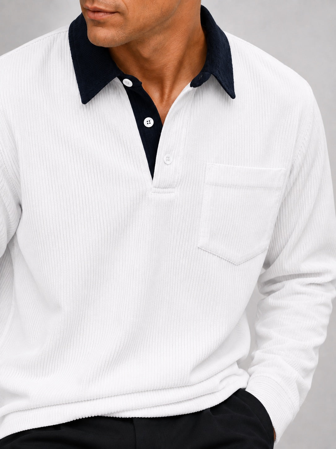 Men’s Corduroy Long Sleeve Polo Contrast Turn-Down Collar Autumn Top for Casual and Everyday Wear