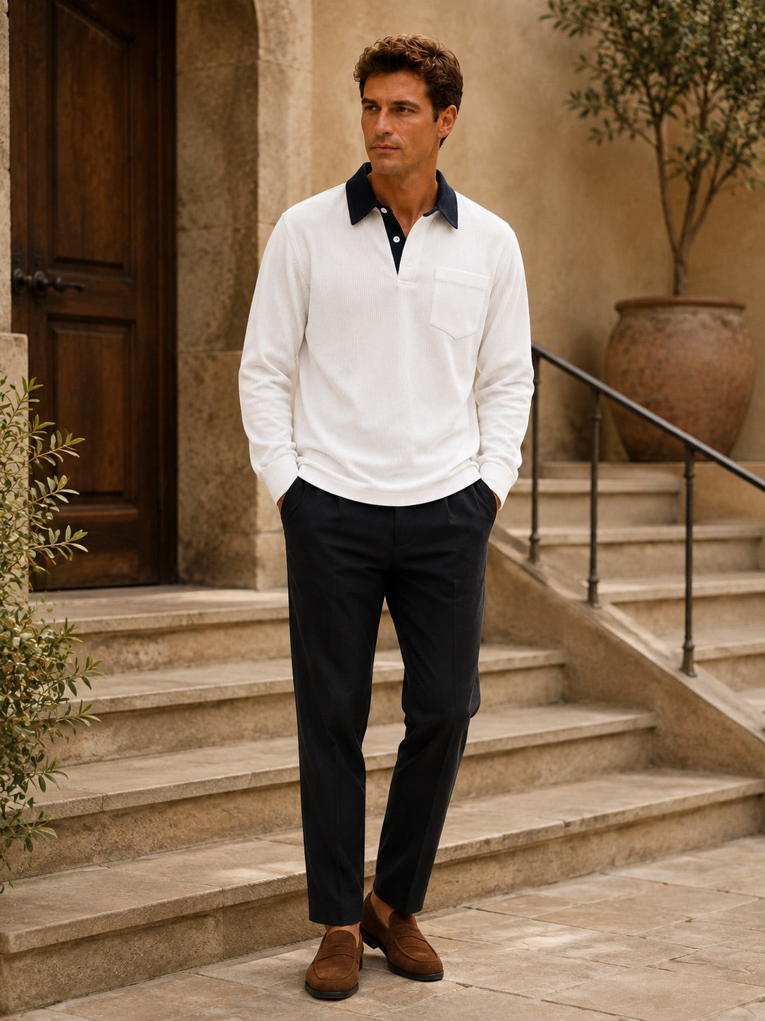 Men’s Corduroy Long Sleeve Polo Contrast Turn-Down Collar Autumn Top for Casual and Everyday Wear