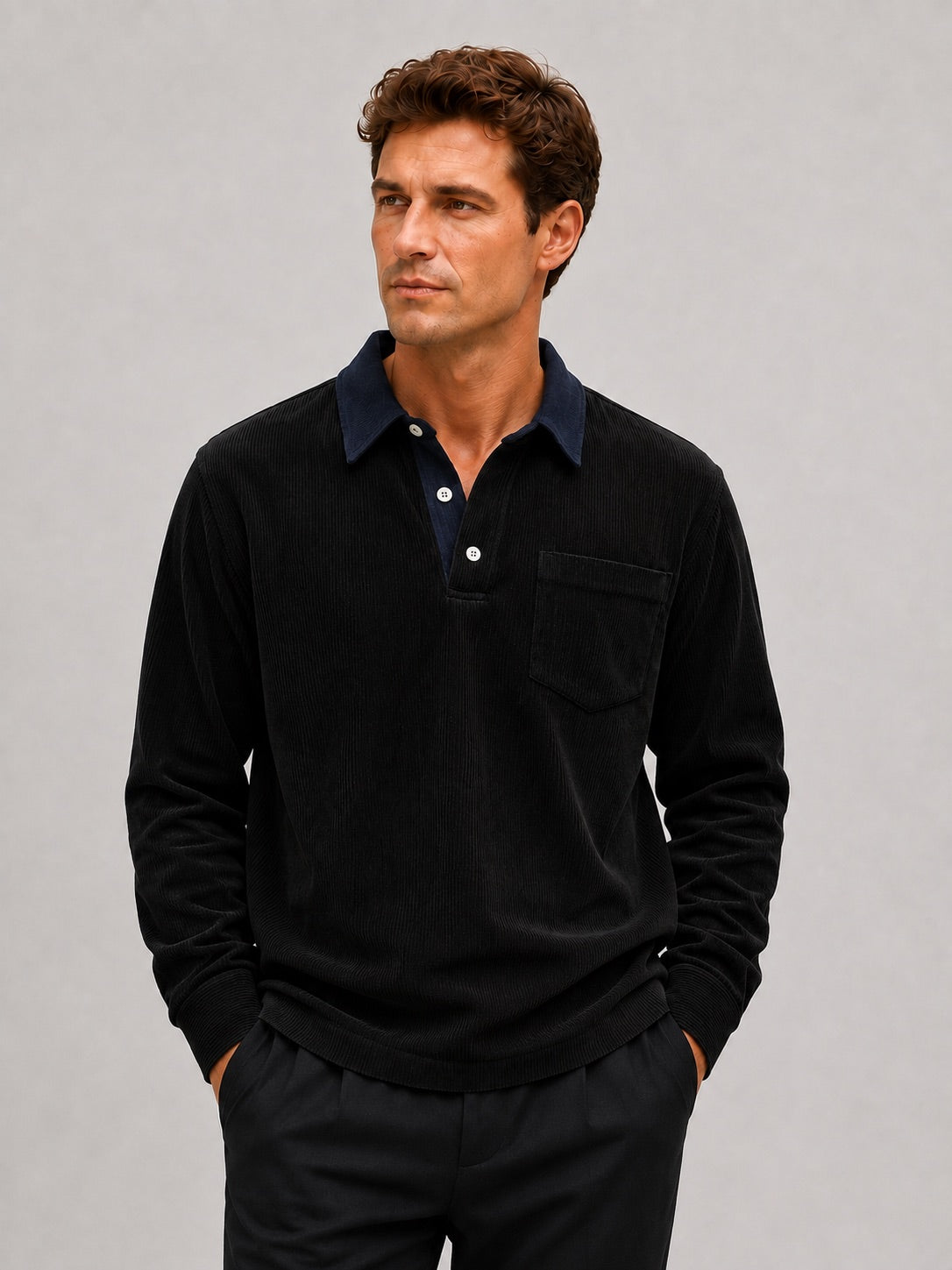 Men’s Corduroy Long Sleeve Polo Contrast Turn-Down Collar Autumn Top for Casual and Everyday Wear