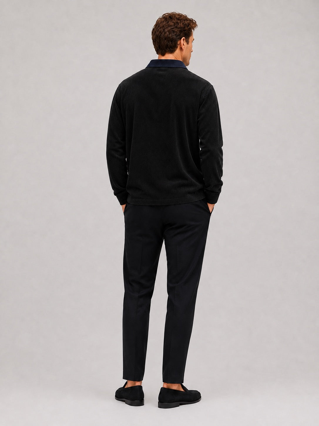 Men’s Corduroy Long Sleeve Polo Contrast Turn-Down Collar Autumn Top for Casual and Everyday Wear