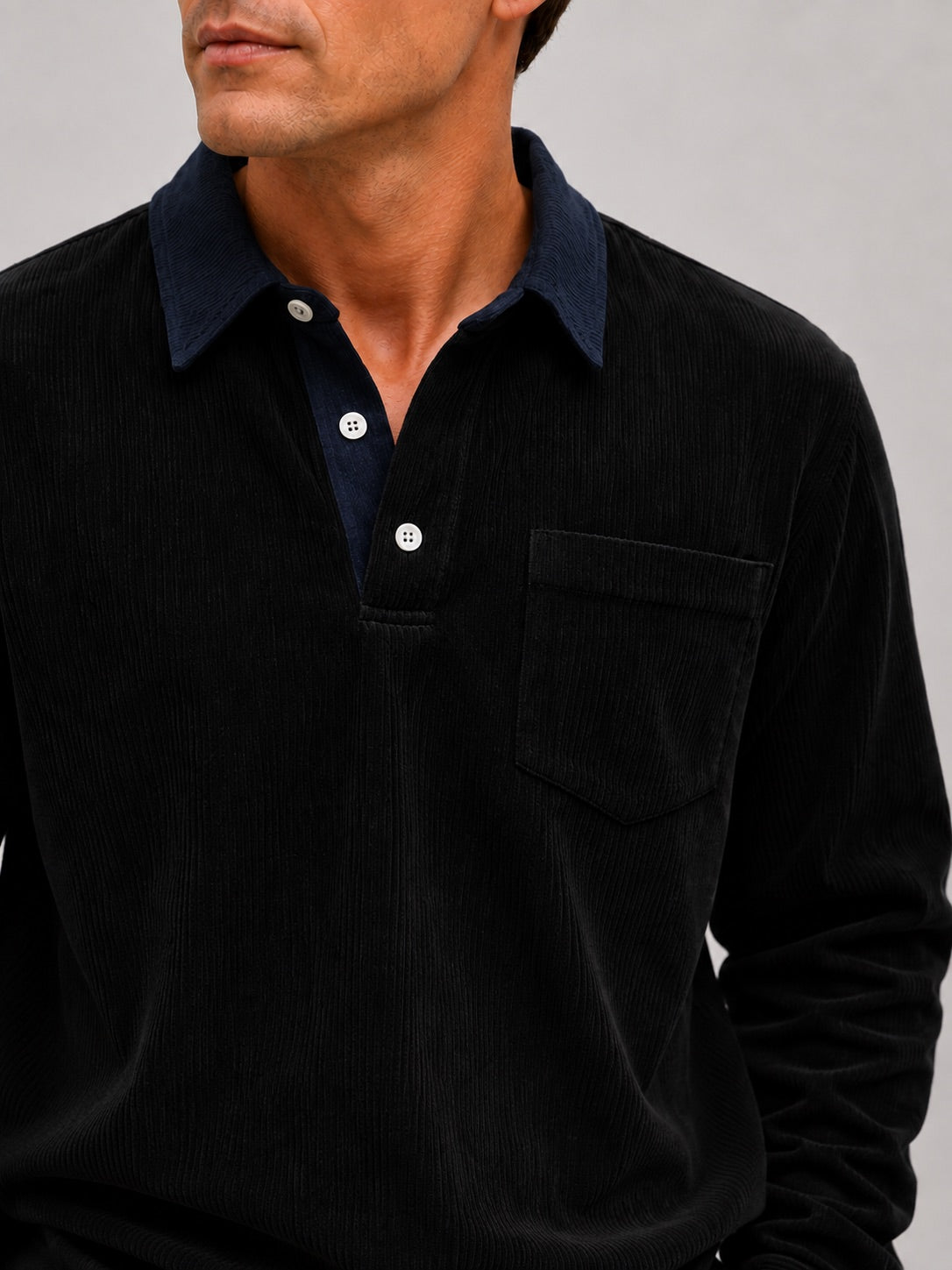 Men’s Corduroy Long Sleeve Polo Contrast Turn-Down Collar Autumn Top for Casual and Everyday Wear