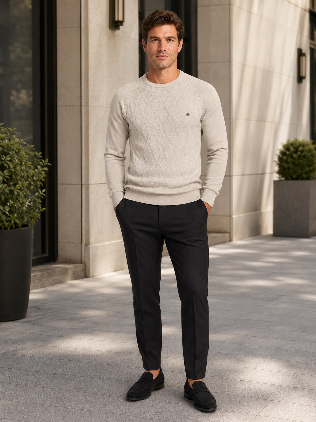 Men’s Argyle Jumper Crewneck Long Sleeve Knit Warm Winter Pullover for Business Casual and Everyday Wear