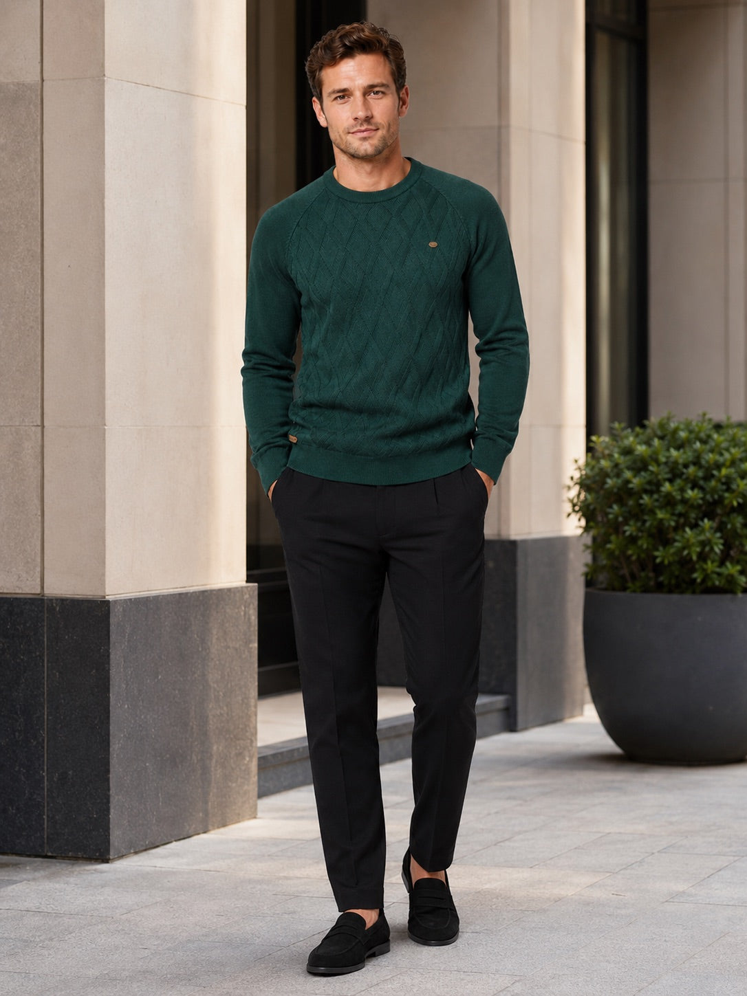 Men’s Argyle Jumper Crewneck Long Sleeve Knit Warm Winter Pullover for Business Casual and Everyday Wear