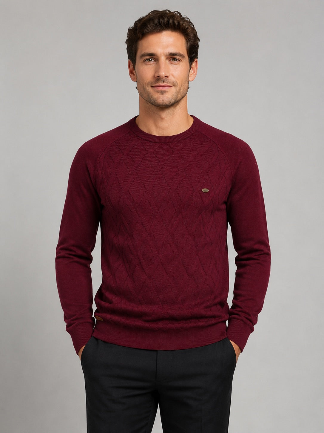 Men’s Argyle Jumper Crewneck Long Sleeve Knit Warm Winter Pullover for Business Casual and Everyday Wear