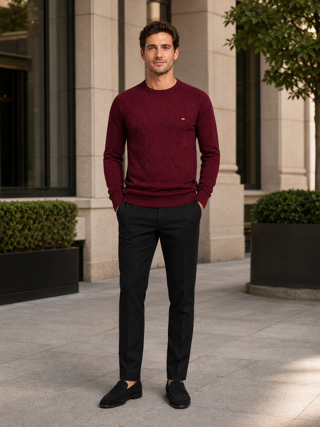 Men’s Argyle Jumper Crewneck Long Sleeve Knit Warm Winter Pullover for Business Casual and Everyday Wear
