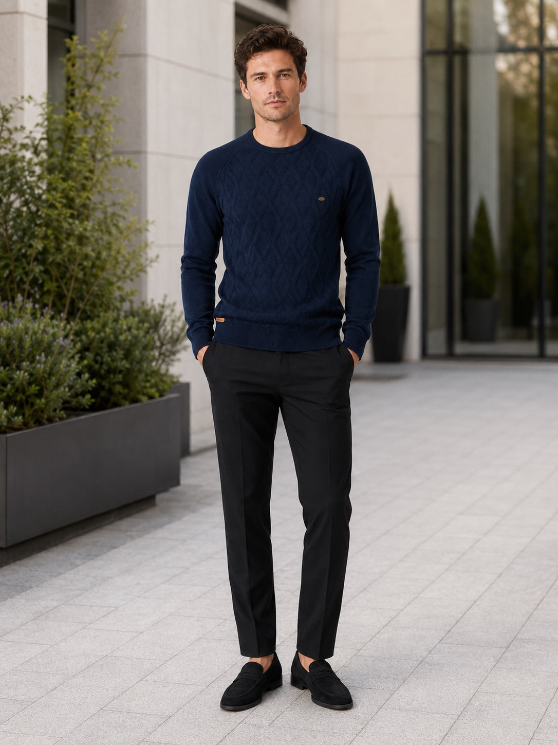 Men’s Argyle Jumper Crewneck Long Sleeve Knit Warm Winter Pullover for Business Casual and Everyday Wear