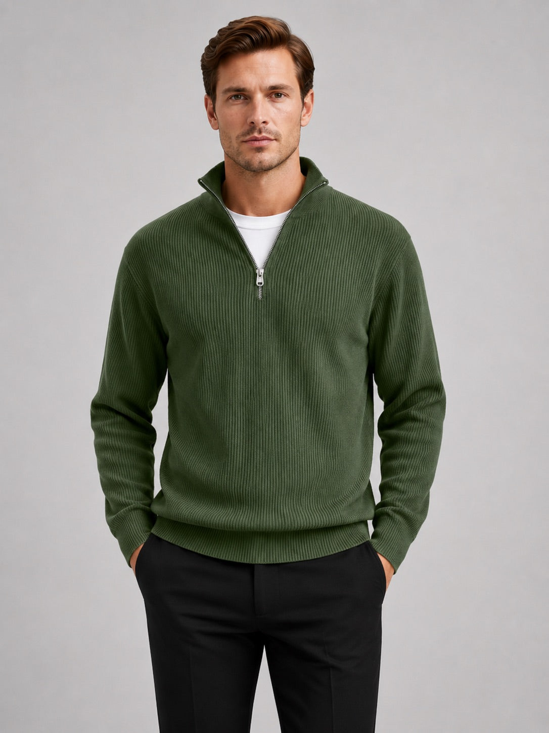 Men’s Quarter Zip Jumper Ribbed Stand Collar Long Sleeve Knit Autumn Winter Pullover for Business Casual and Everyday Wear