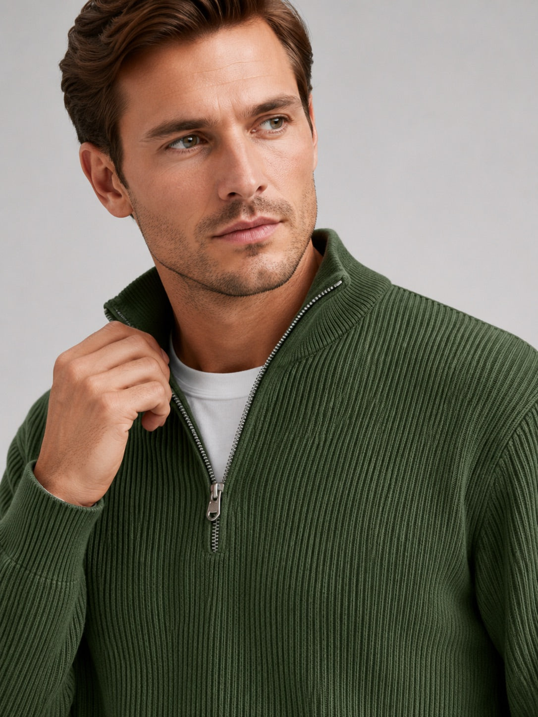 Men’s Quarter Zip Jumper Ribbed Stand Collar Long Sleeve Knit Autumn Winter Pullover for Business Casual and Everyday Wear