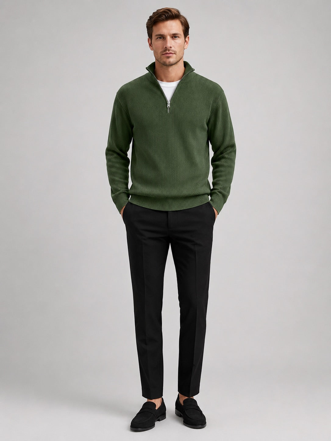 Men’s Quarter Zip Jumper Ribbed Stand Collar Long Sleeve Knit Autumn Winter Pullover for Business Casual and Everyday Wear
