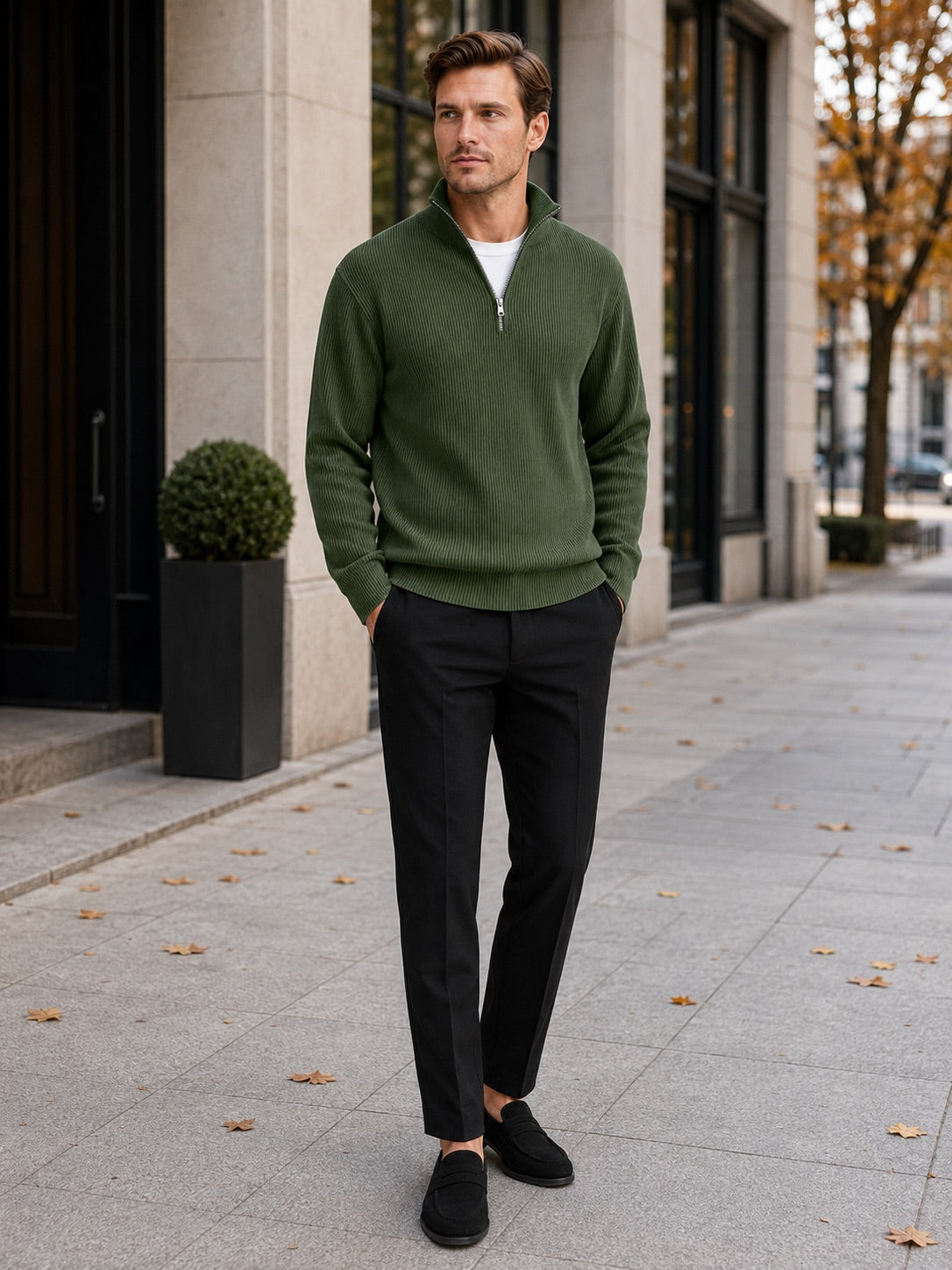 Men’s Quarter Zip Jumper Ribbed Stand Collar Long Sleeve Knit Autumn Winter Pullover for Business Casual and Everyday Wear