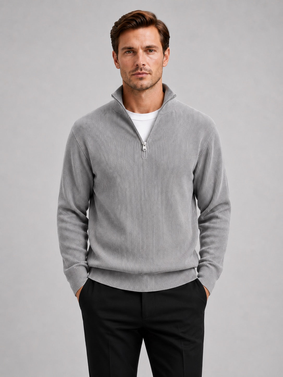 Men’s Quarter Zip Jumper Ribbed Stand Collar Long Sleeve Knit Autumn Winter Pullover for Business Casual and Everyday Wear
