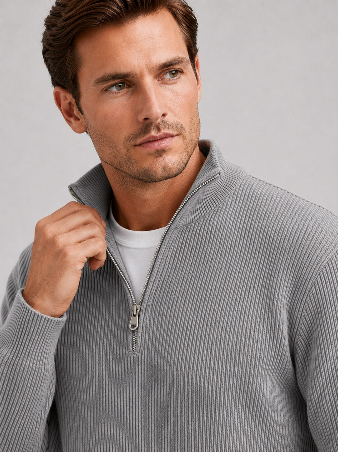 Men’s Quarter Zip Jumper Ribbed Stand Collar Long Sleeve Knit Autumn Winter Pullover for Business Casual and Everyday Wear