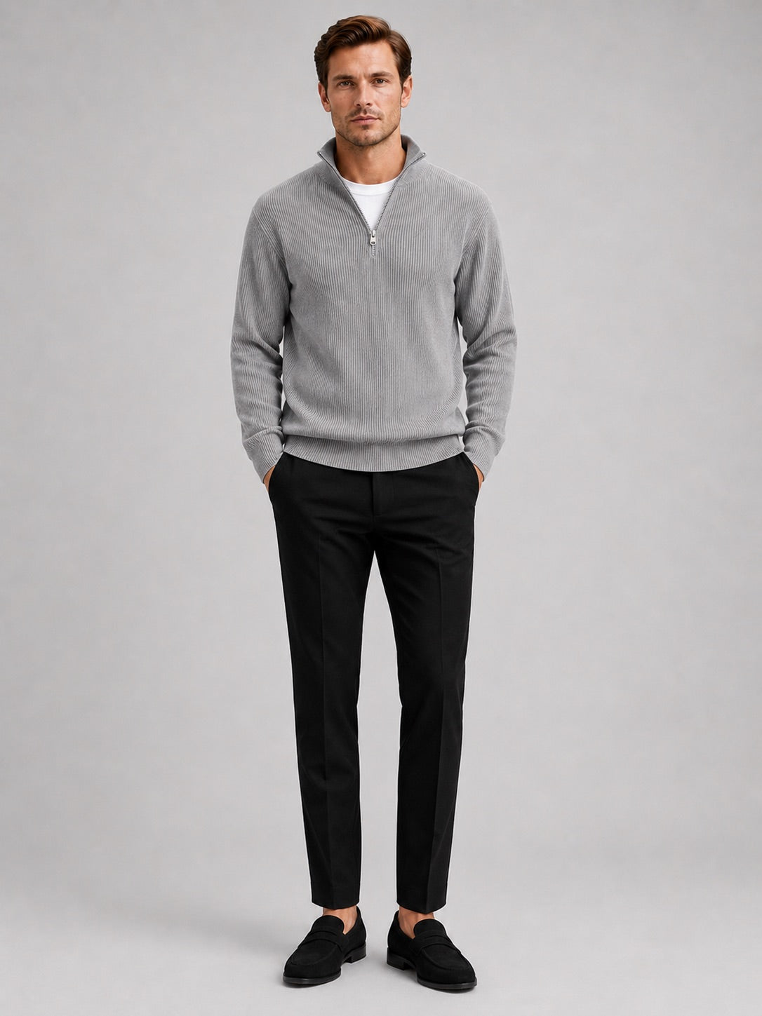Men’s Quarter Zip Jumper Ribbed Stand Collar Long Sleeve Knit Autumn Winter Pullover for Business Casual and Everyday Wear